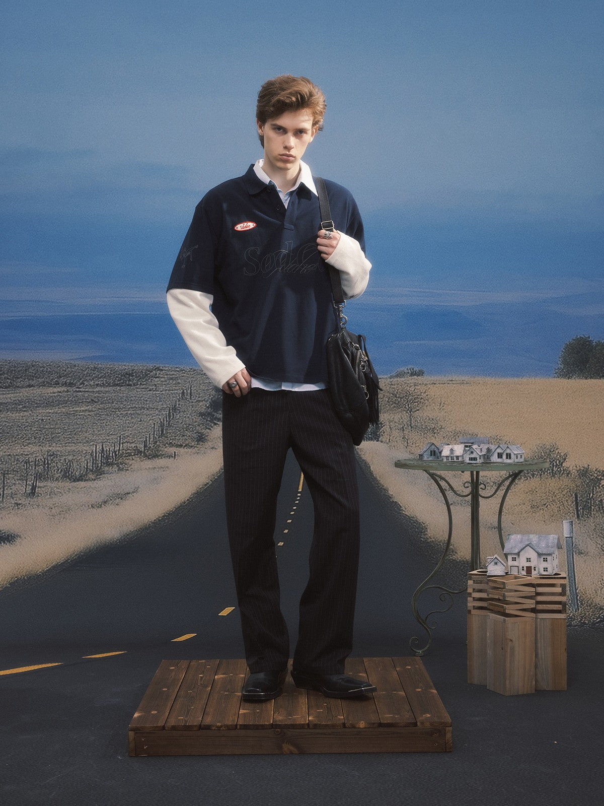 SOD Melvins Embroidered Pinstripe Trousers in Black - On Male Model