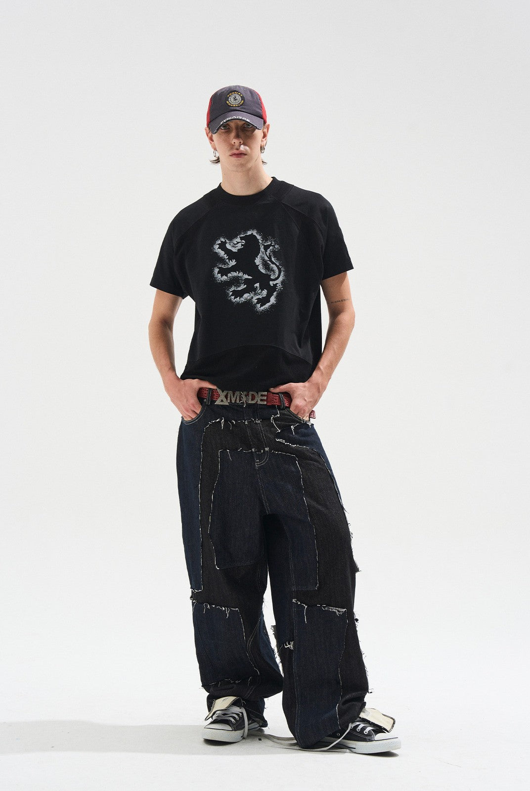 BLINDNOPLAN Sorona Panelled Graphic T Shirt in Black - On Male Model