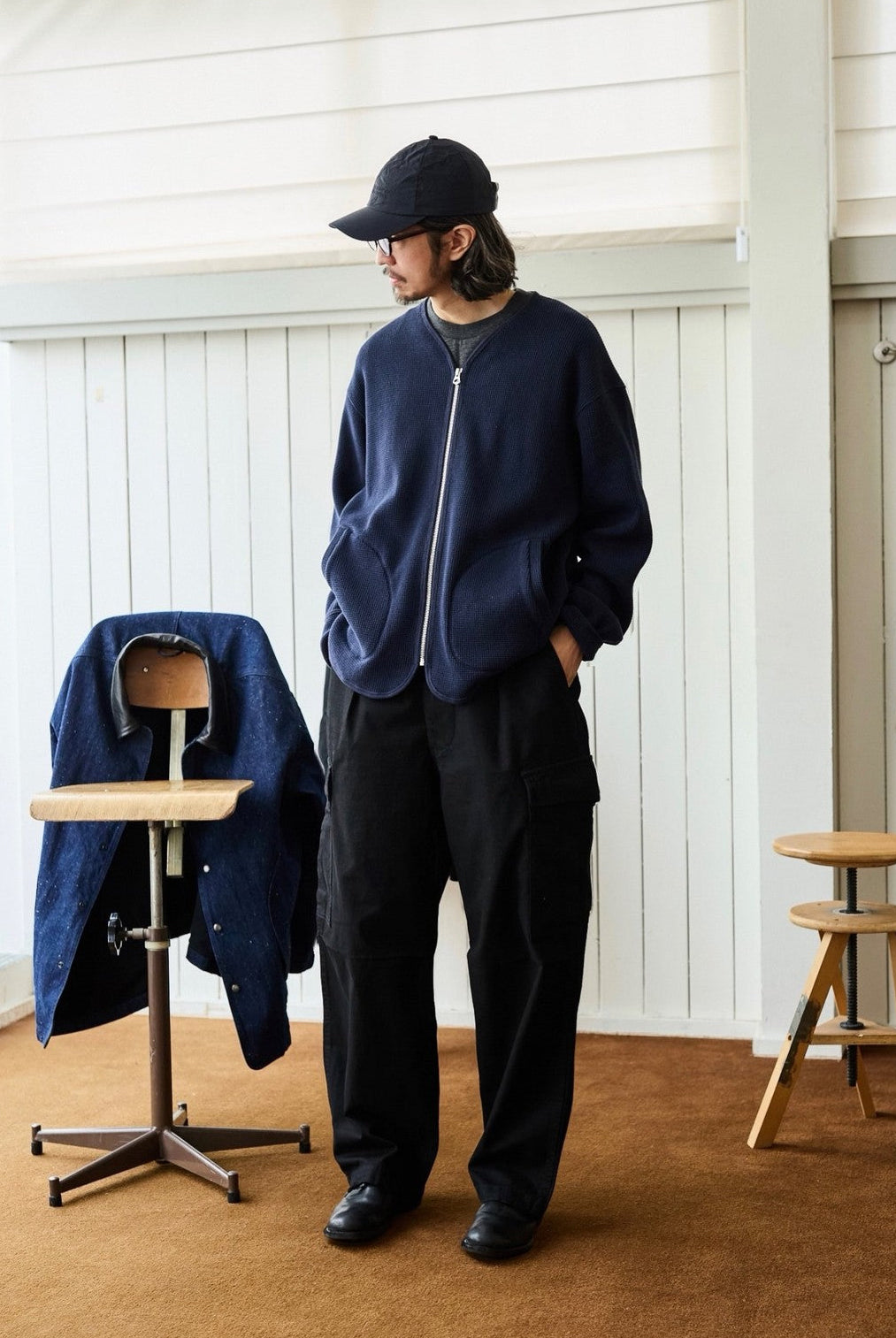USAGE Heavyweight Waffle Knit Zip Cardigan in Navy Blue - On Male Model