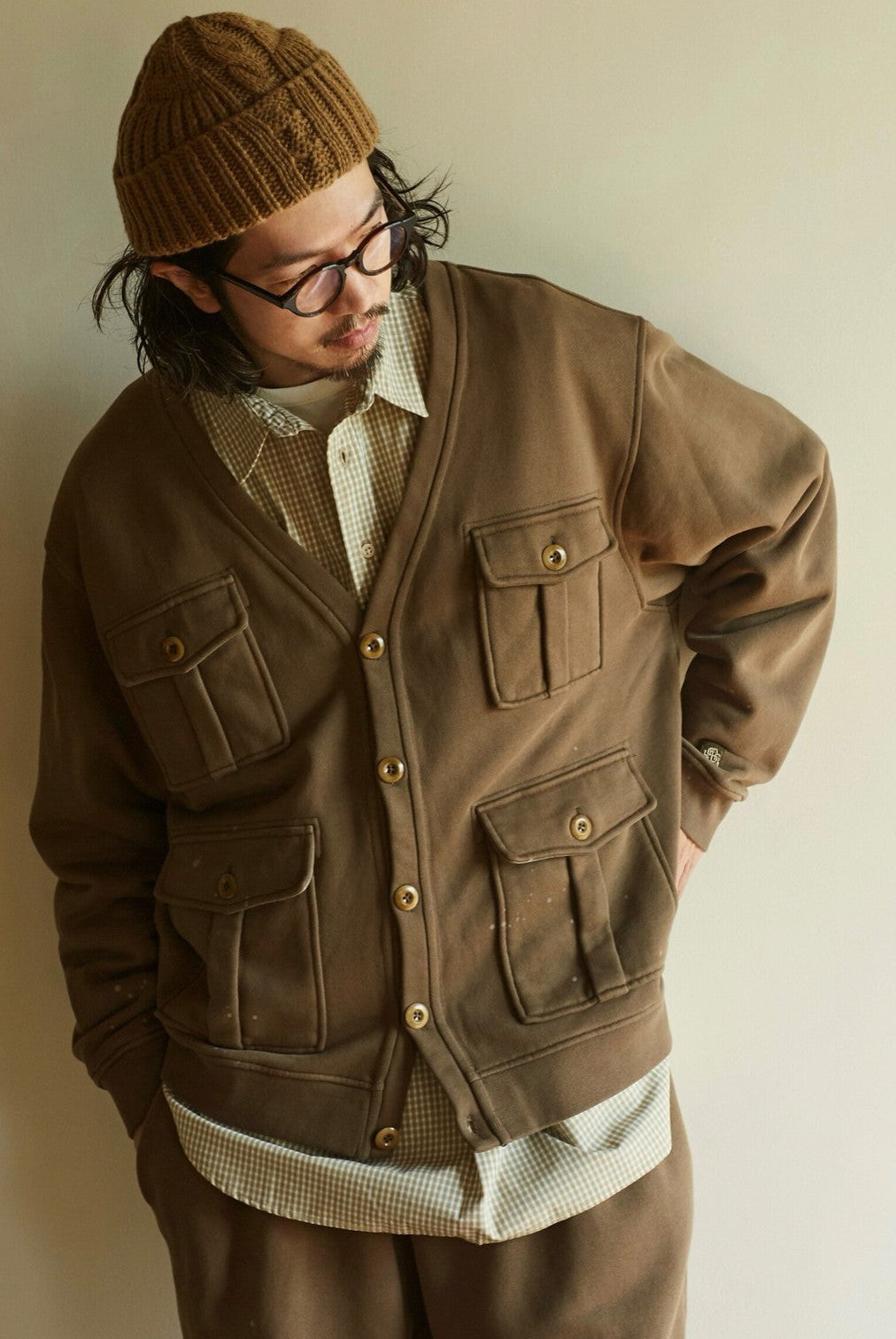 USAGE Cotton Safari Pocket Cardigan Sweatshirt in Beige - On Male Model