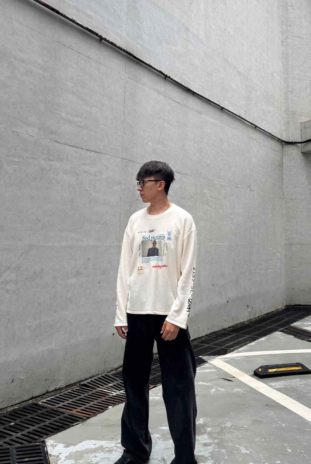 SOD Keanu Graphic Waffle Knit Top in White - On Male Model