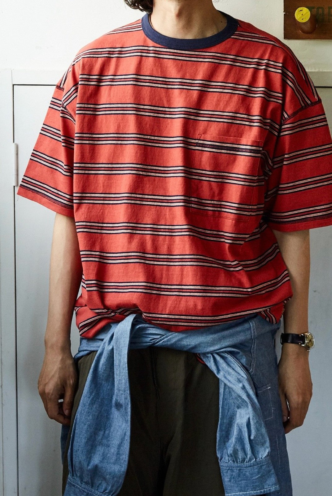 USAGE Retro Striped Cotton T Shirt in Red - On Male Model