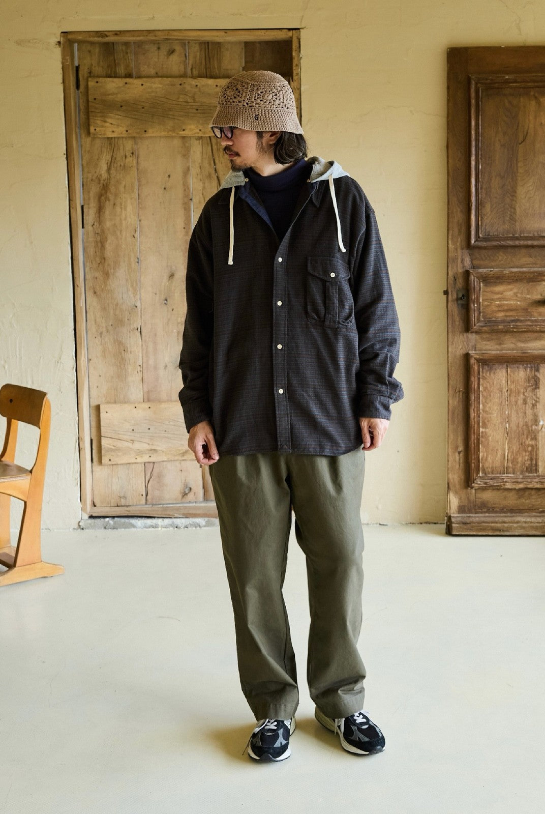 USAGE Detachable Hood Cotton Plaid Shirt in Brown - On Male Model
