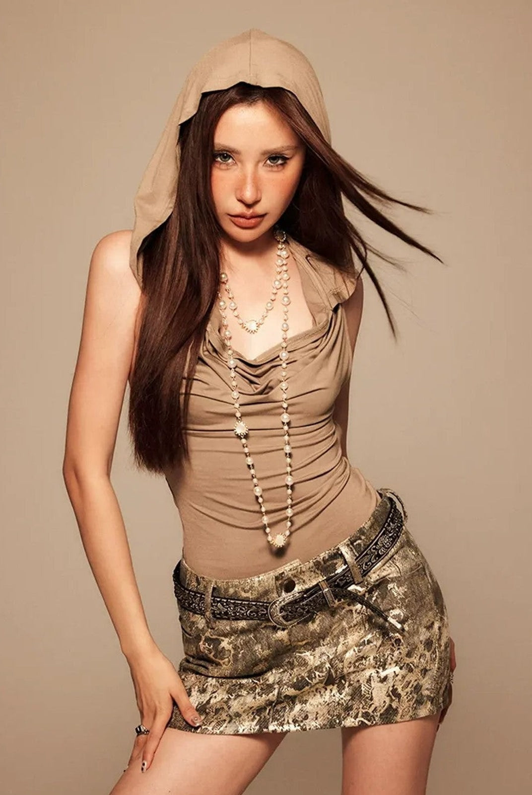 BeerBro Gold Foil Snake Print Mini Skirt in Gold - On Female Model