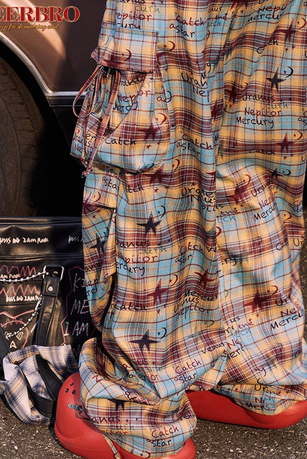 BeerBro Graffiti Plaid Strap Cargo Pants in Sky Blue - On Model