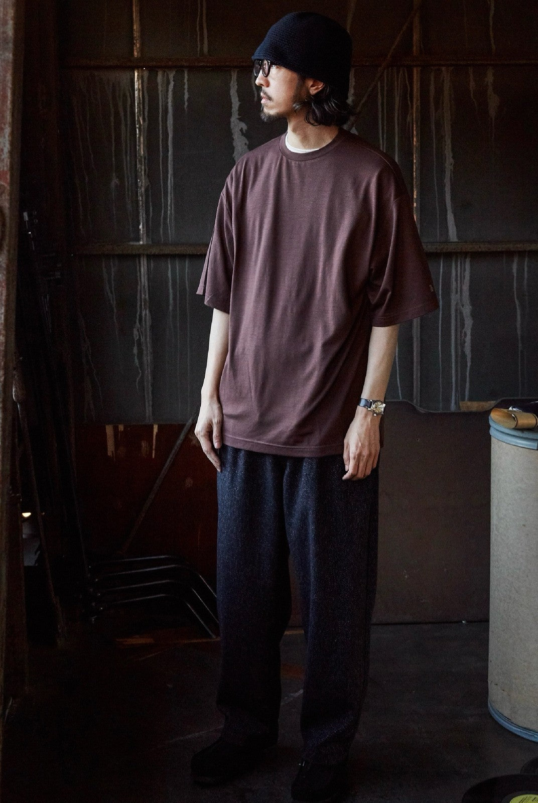 USAGE Merino Wool Blend T Shirt Set in Brown - On Male Model