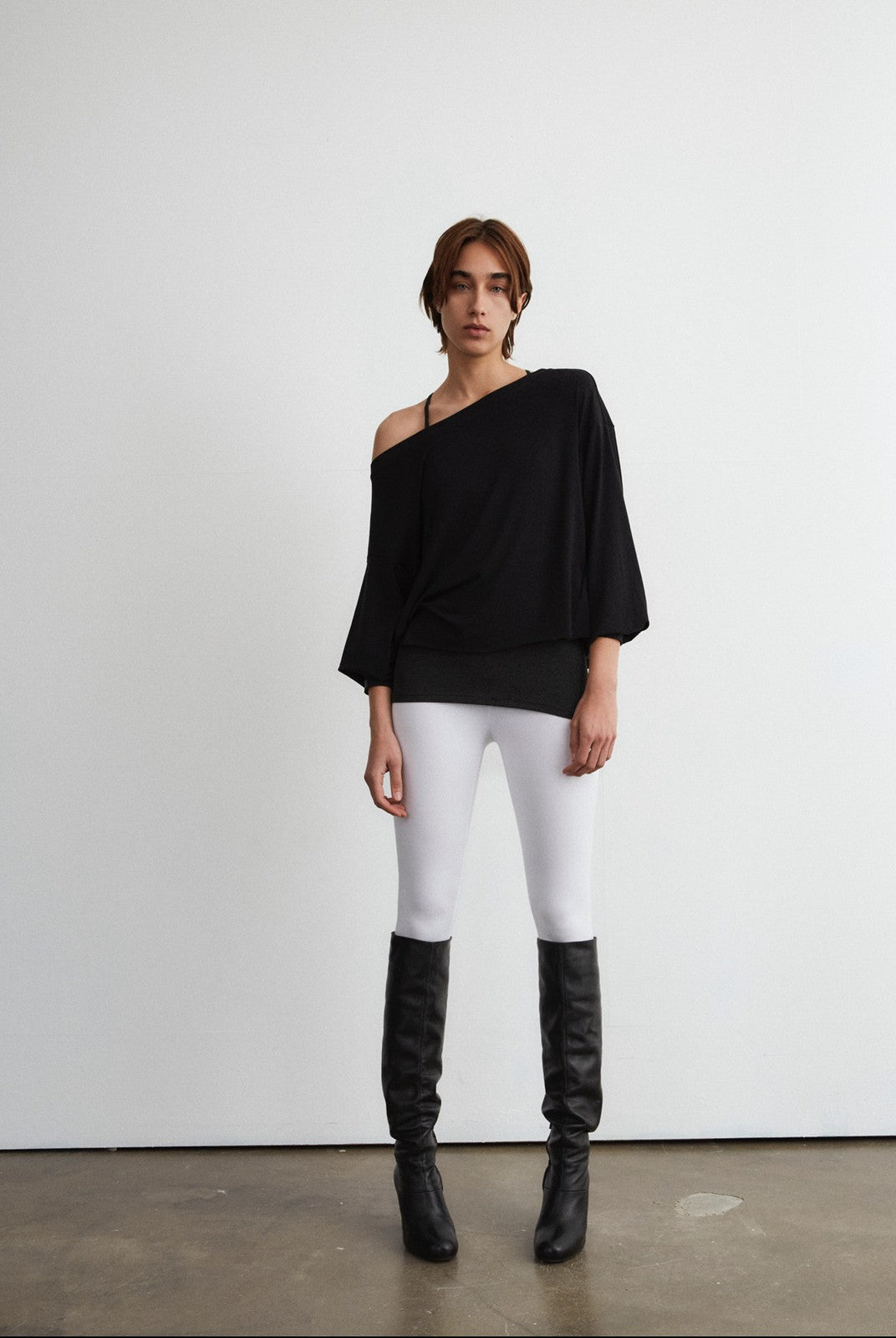 FaxCopyExpress Off Shoulder Overlay Sweatshirt in Black - On Female Model