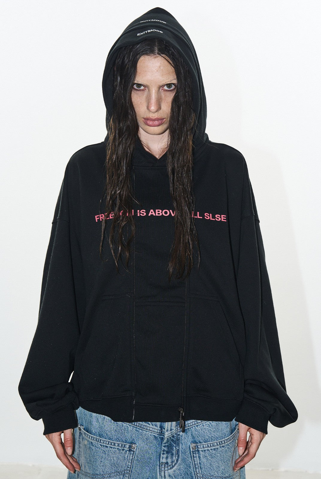 BLINDNOPLAN Faux Double Layer Paneled Hoodie in Black - On Female Model