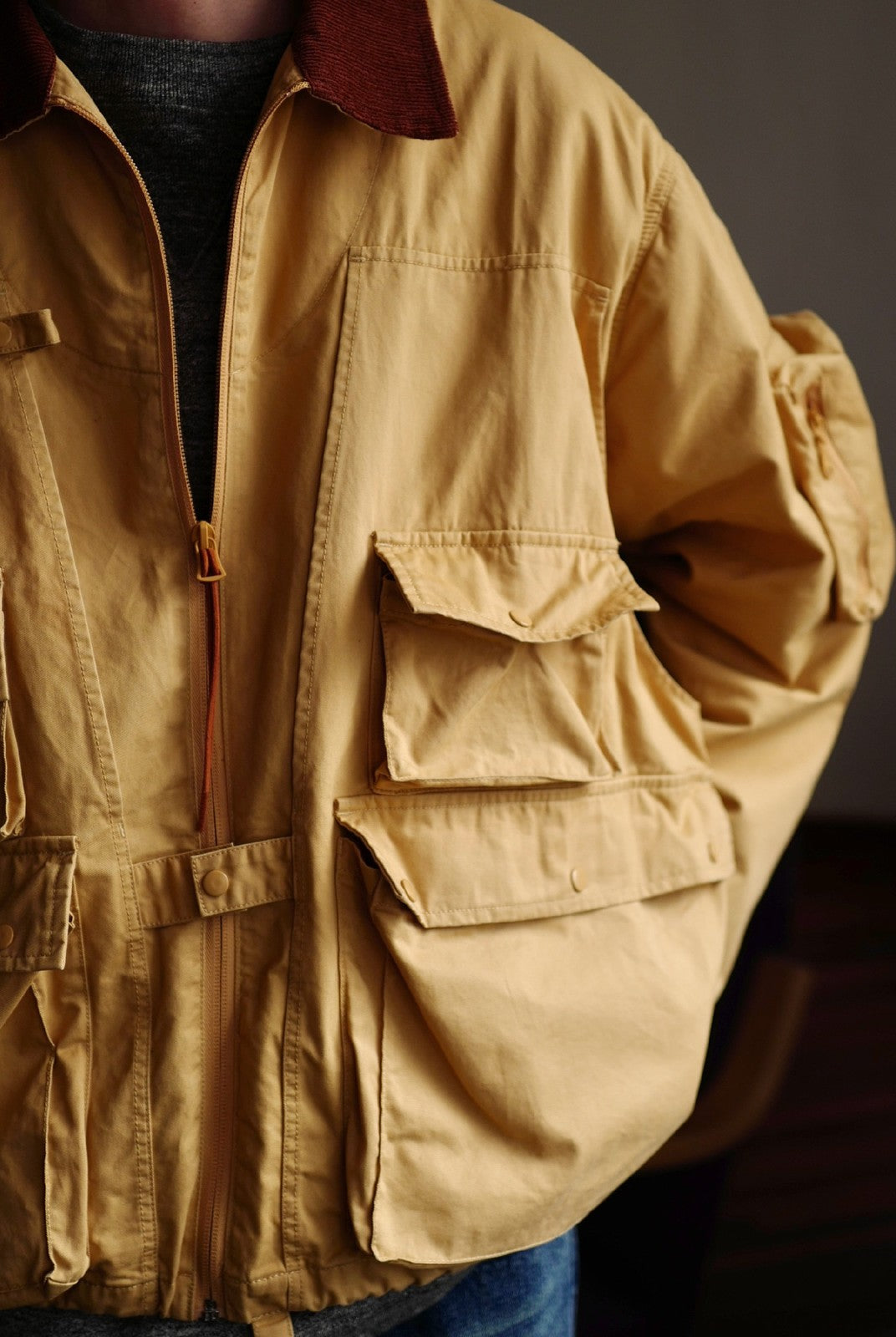 USAGE Corduroy Collar Cotton Fishing Jacket in Beige - On Model