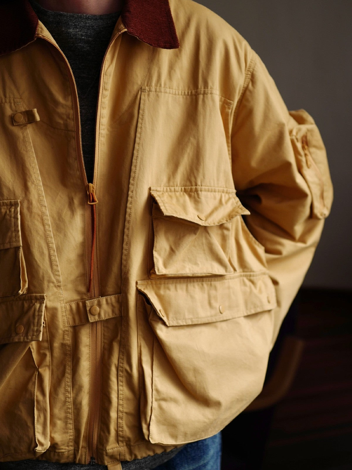 USAGE Corduroy Collar Cotton Fishing Jacket in Beige - On Model