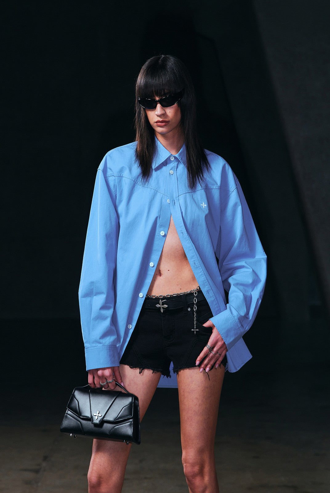 SMFK Cross Badge Cotton Cargo Shirt in Sky Blue - On Female Model