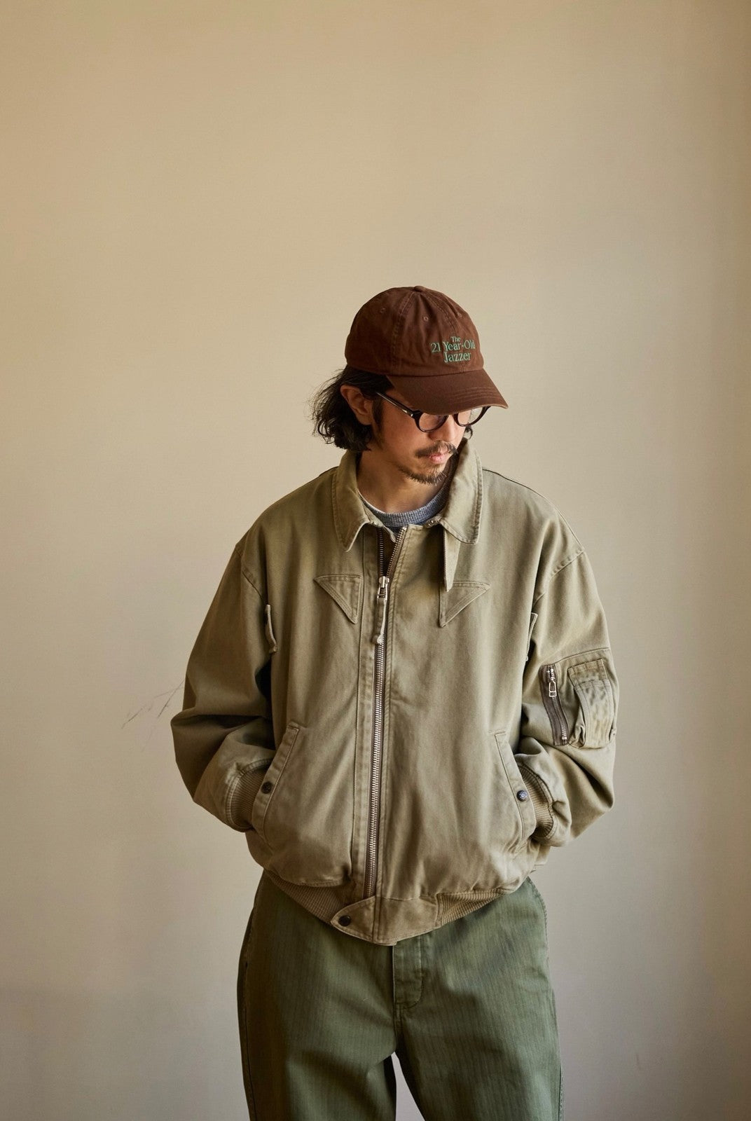 USAGE Washed Cotton Lyocell B 15 Bomber in Khaki - On Male Model