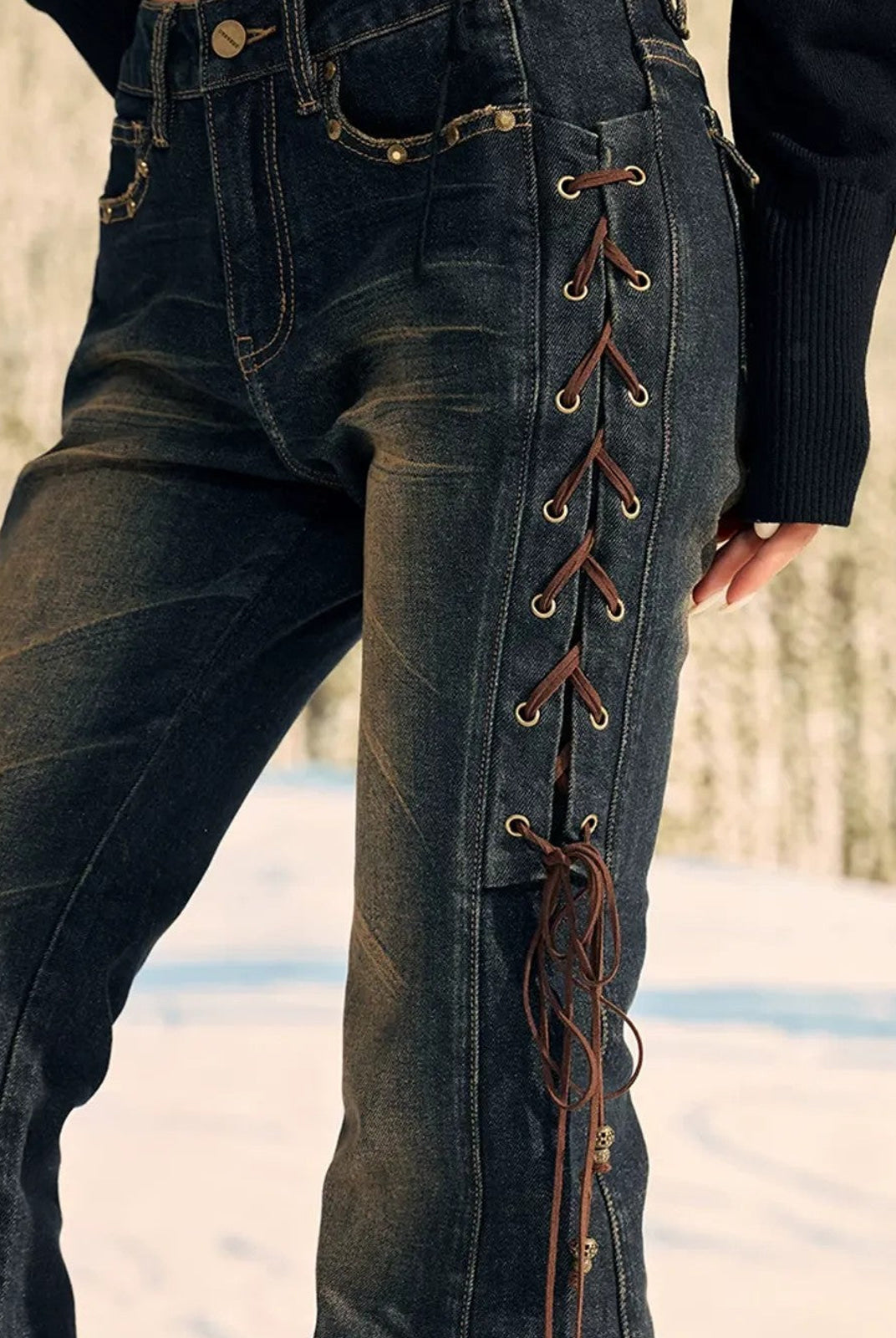 BeerBro Side Lace Up Low Rise Flare Jeans in Blue - On Female Model