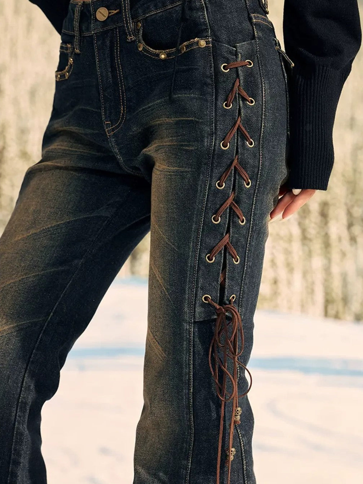 BeerBro Side Lace Up Low Rise Flare Jeans in Blue - On Female Model