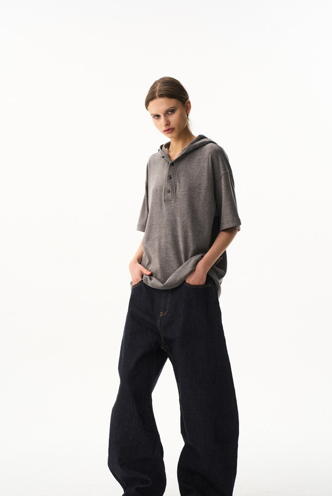 BLINDNOPLAN Hooded Short Sleeve Polo in Gray - On Female Model