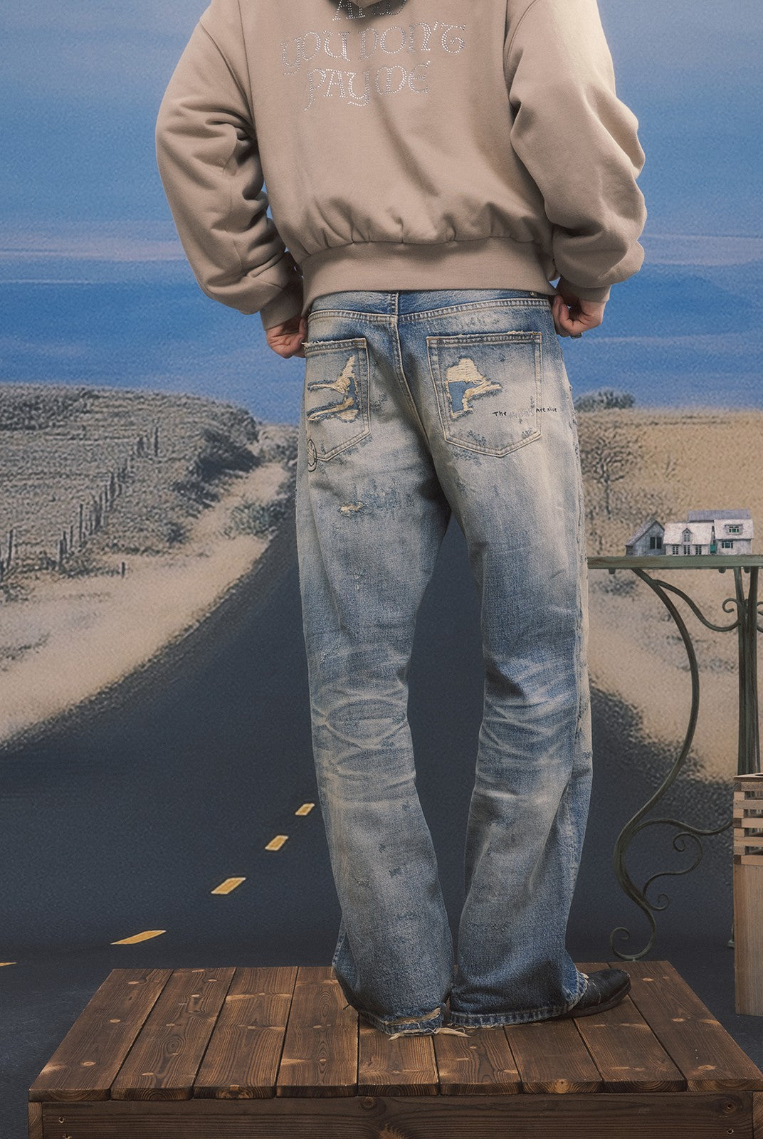 SOD Distressed Graffiti Embroidered Jeans in Blue - On Model