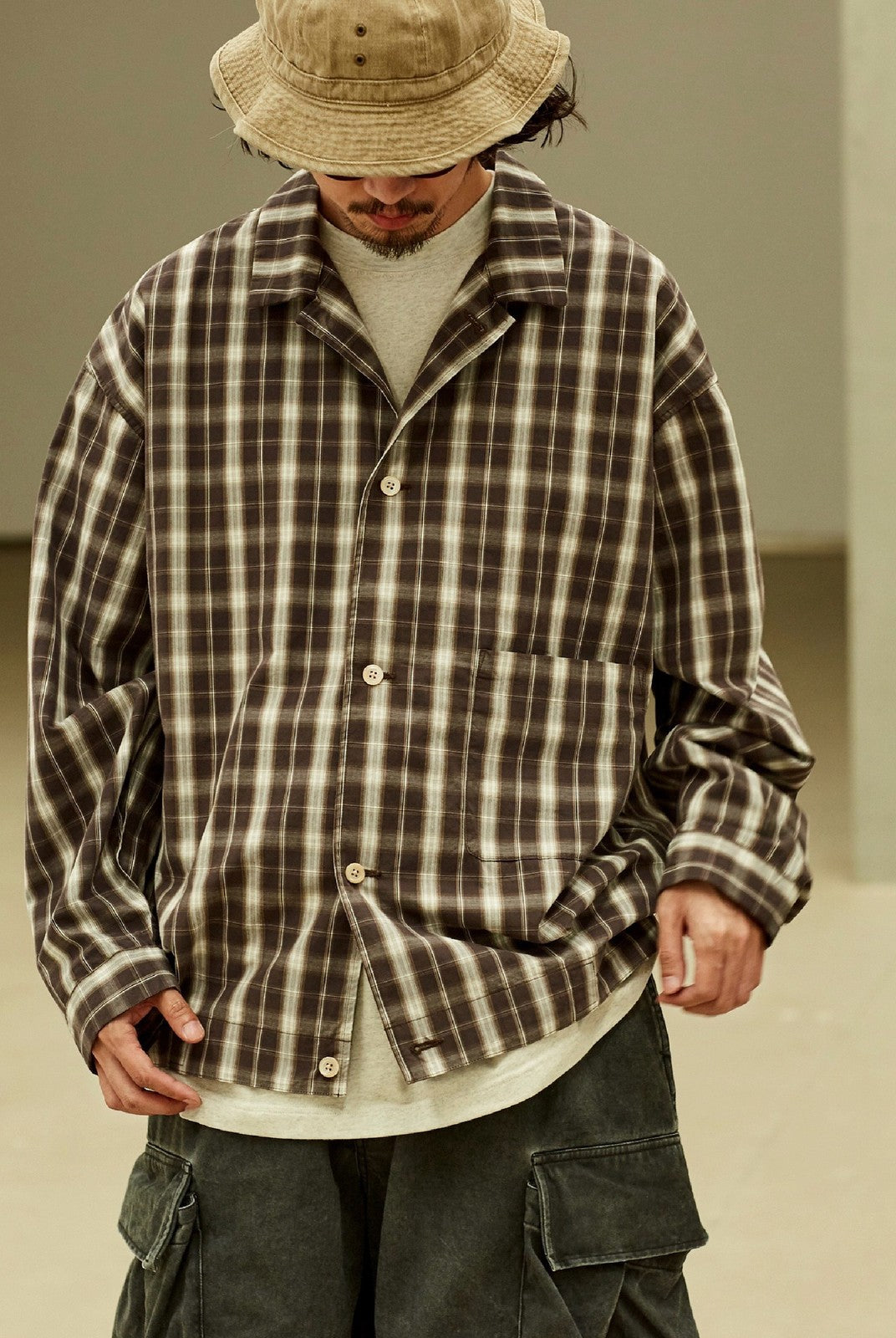 USAGE Gradient Plaid Cotton Blouson in Brown - On Male Model