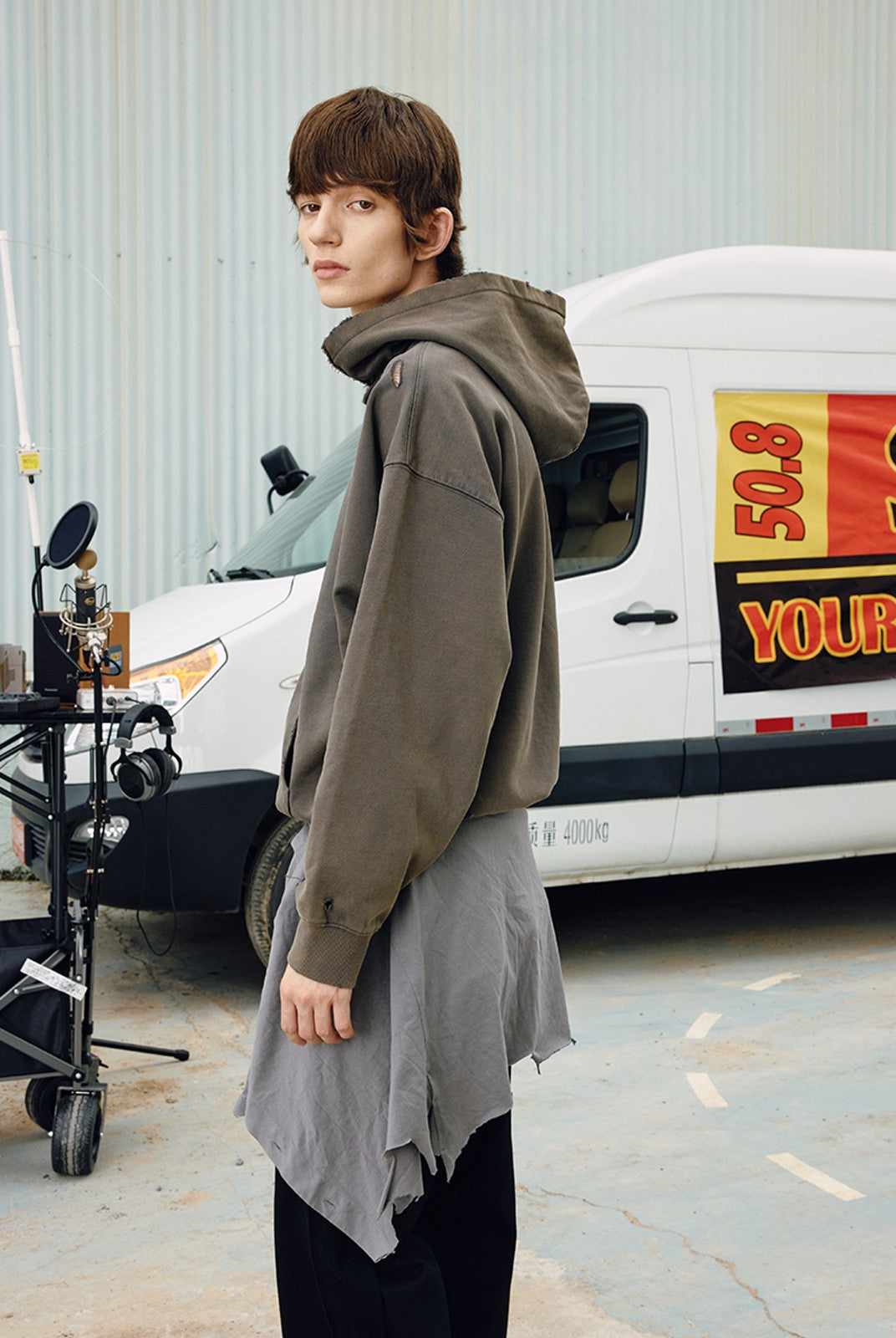 SOD Heavy Washed Distressed Hoodie in Green - On Male Model