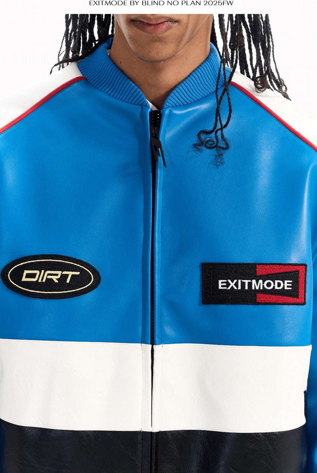 BLINDNOPLAN Color Block Faux Leather Padded Jacket in Blue - On Male Model