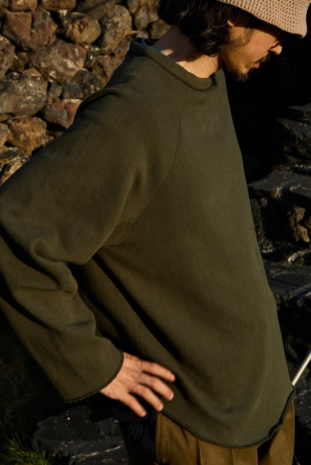 USAGE Slub Cotton Raglan Sweatshirt in Green - On Male Model