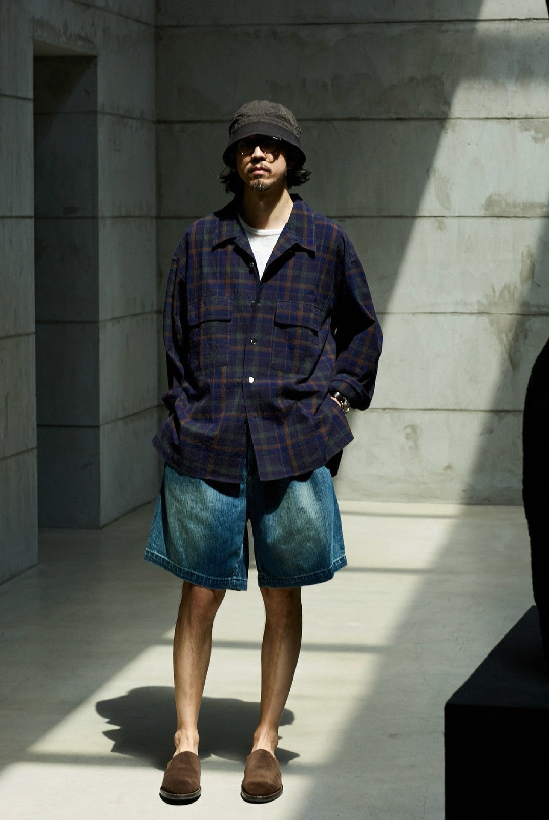 USAGE Washed Crinkle Plaid Open Collar Shirt in Navy Blue - On Male Model