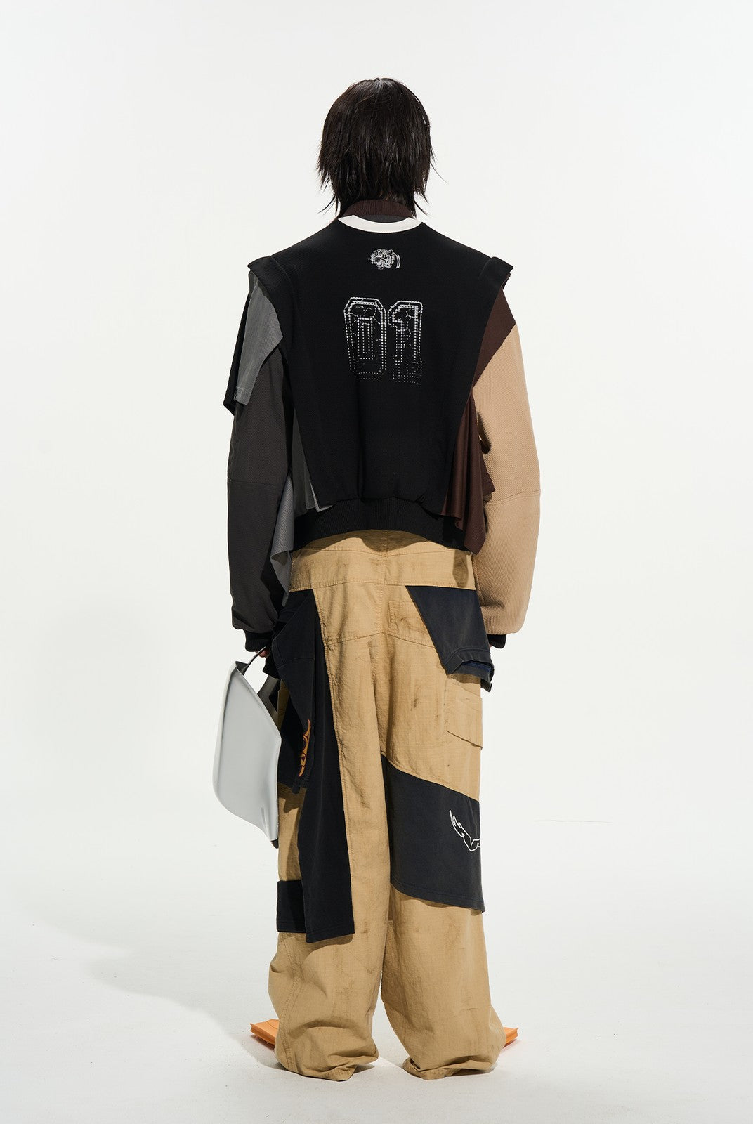BLINDNOPLAN Reversible Patchwork Bomber Jacket in Beige - On Model