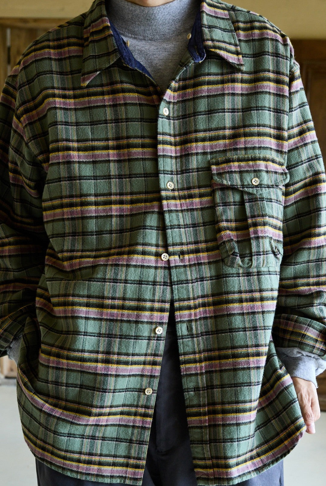 USAGE Detachable Hood Cotton Plaid Shirt in Green - On Male Model