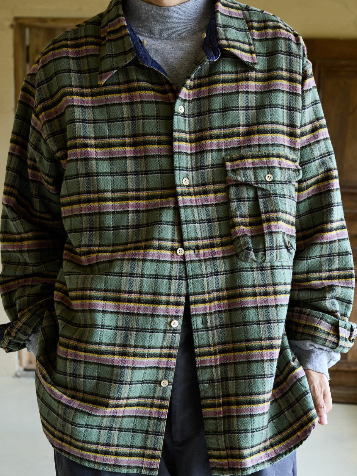 USAGE Detachable Hood Cotton Plaid Shirt in Green - On Male Model