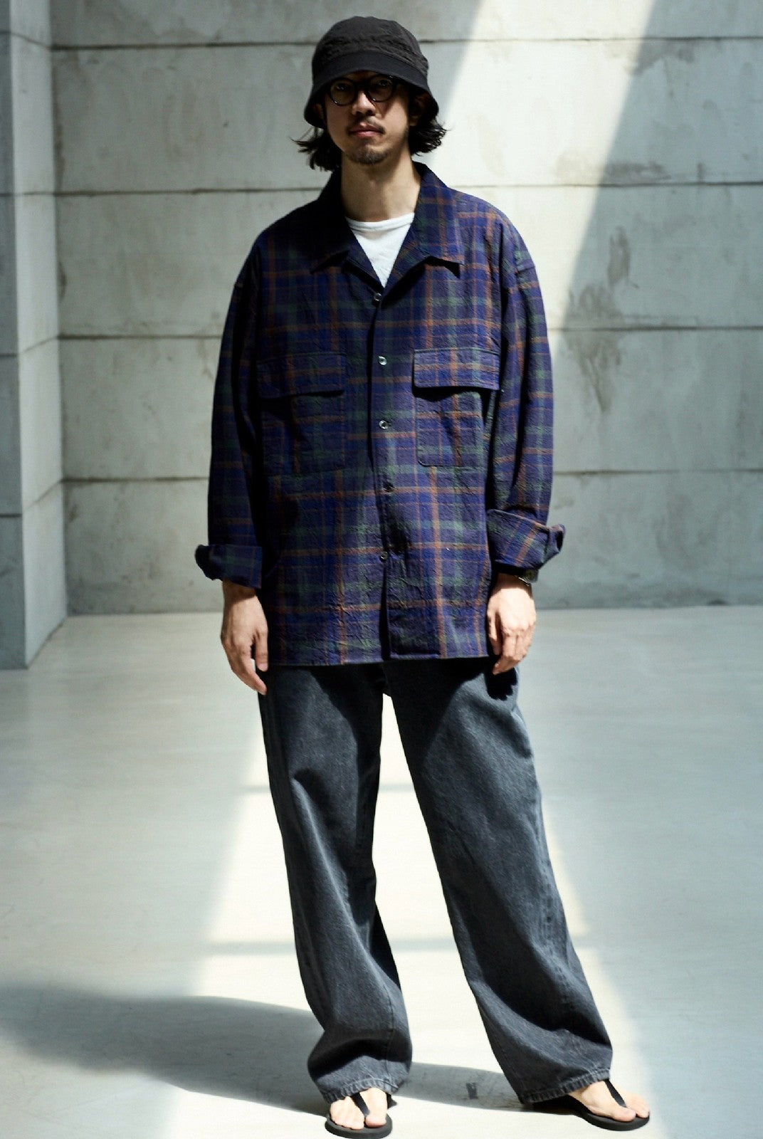 USAGE Washed Crinkle Plaid Open Collar Shirt in Navy Blue - On Male Model