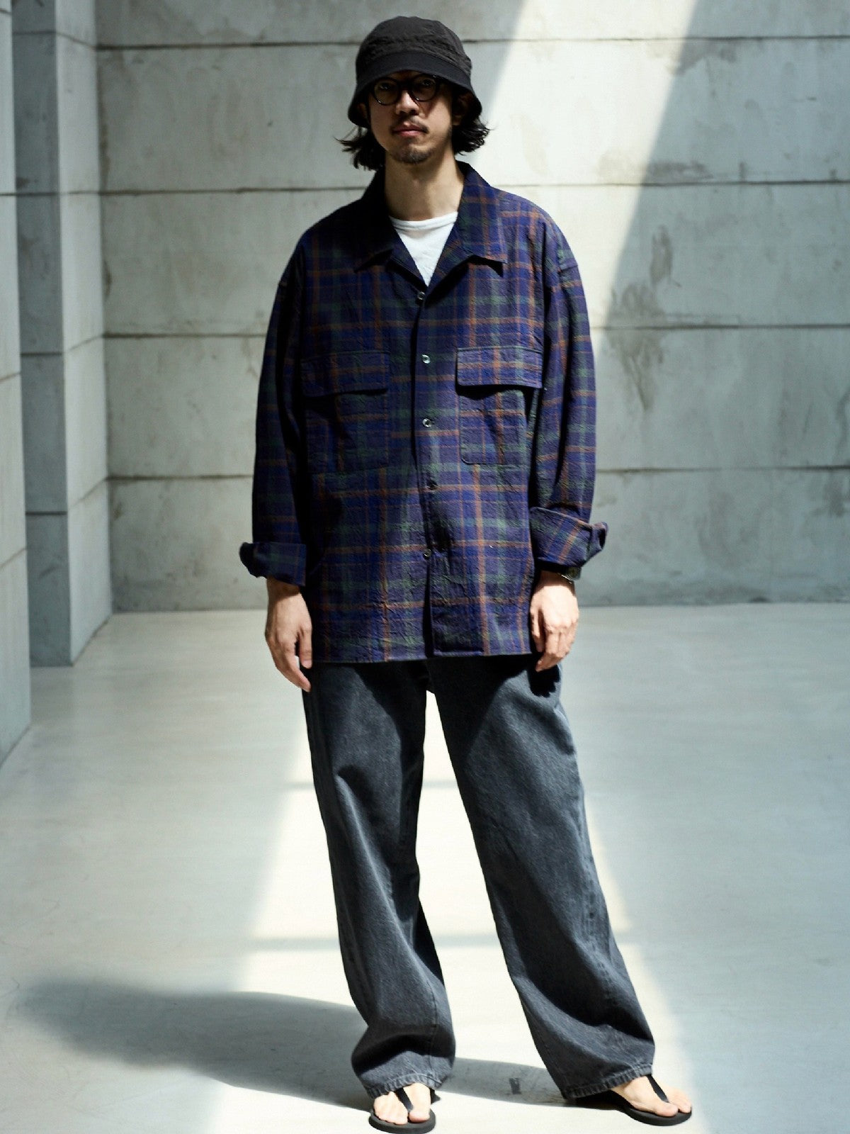 USAGE Washed Crinkle Plaid Open Collar Shirt in Navy Blue - On Male Model
