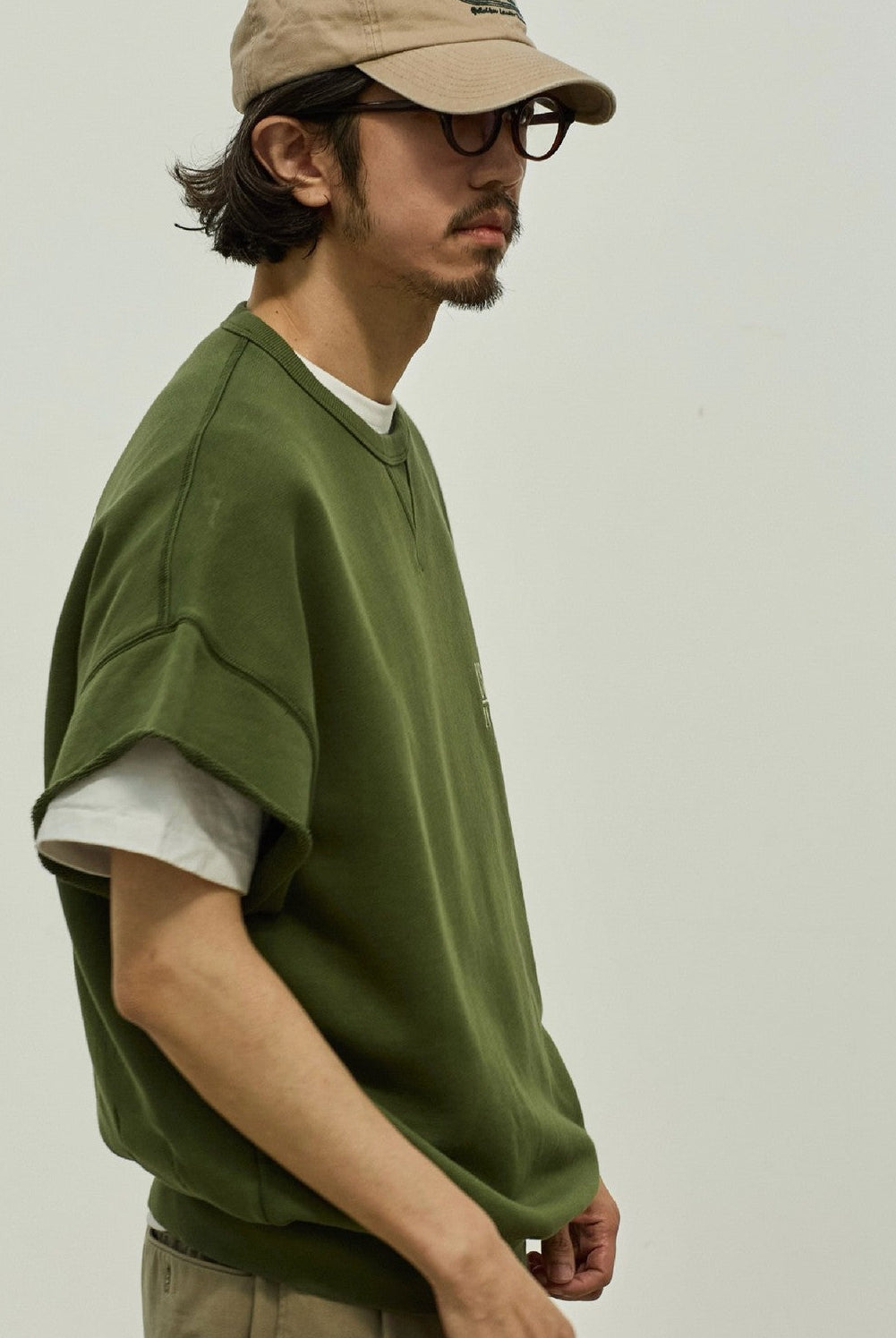 USAGE Raw Edge Cotton Short Sleeve Sweatshirt in Olive - On Male Model