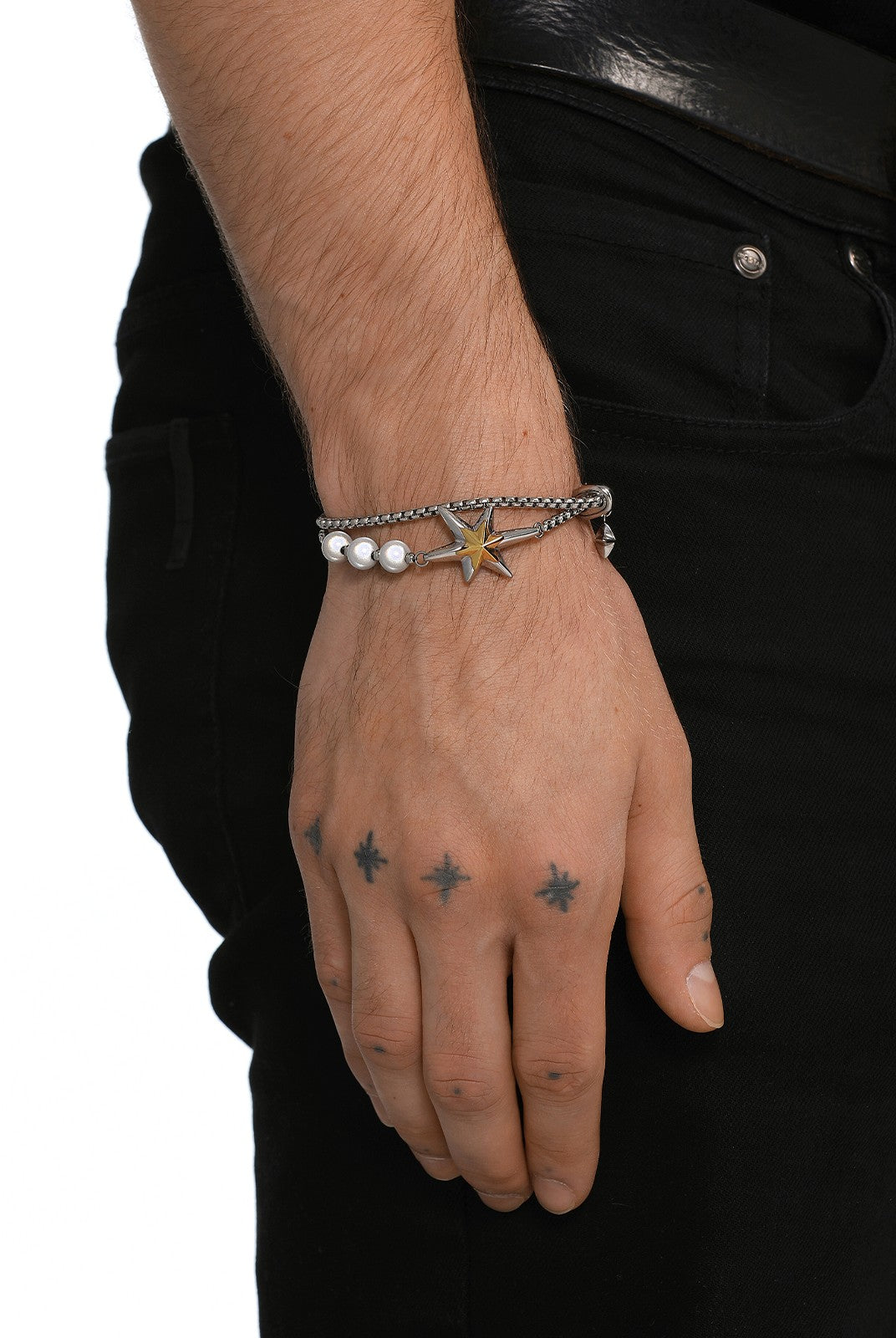 BLACKHEAD Two Tone Star Pearl Bracelet in Gold - On Male Model