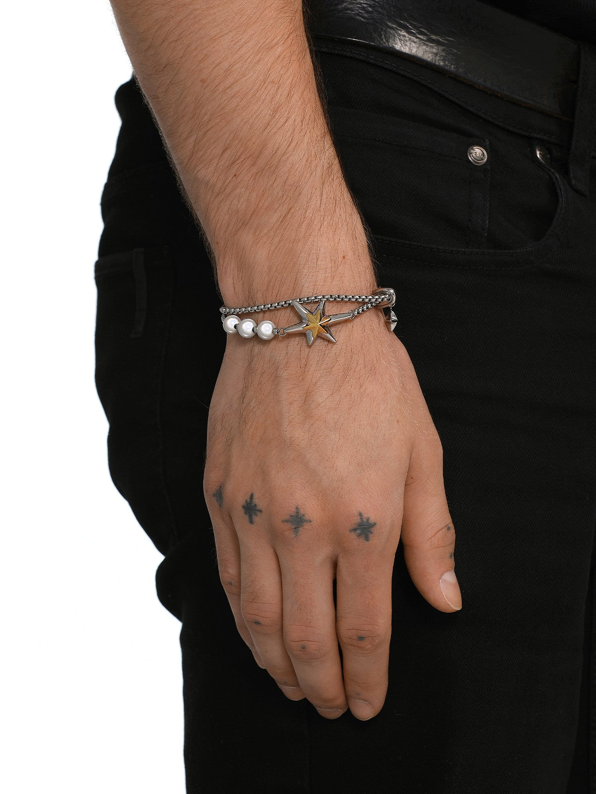BLACKHEAD Two Tone Star Pearl Bracelet in Gold - On Male Model