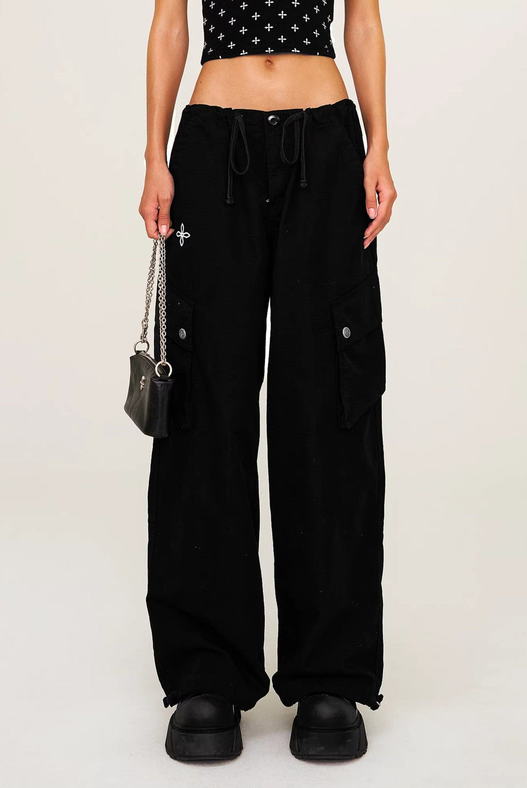 SMFK Wide Leg Parachute Cargo Pants in Black - On Female Model