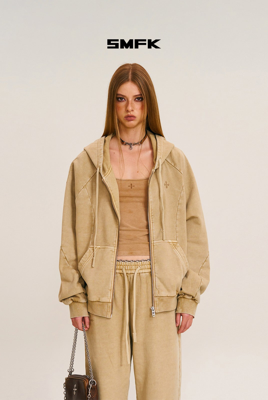 SMFK Washed Cotton Zip Up Hoodie in Beige - On Female Model