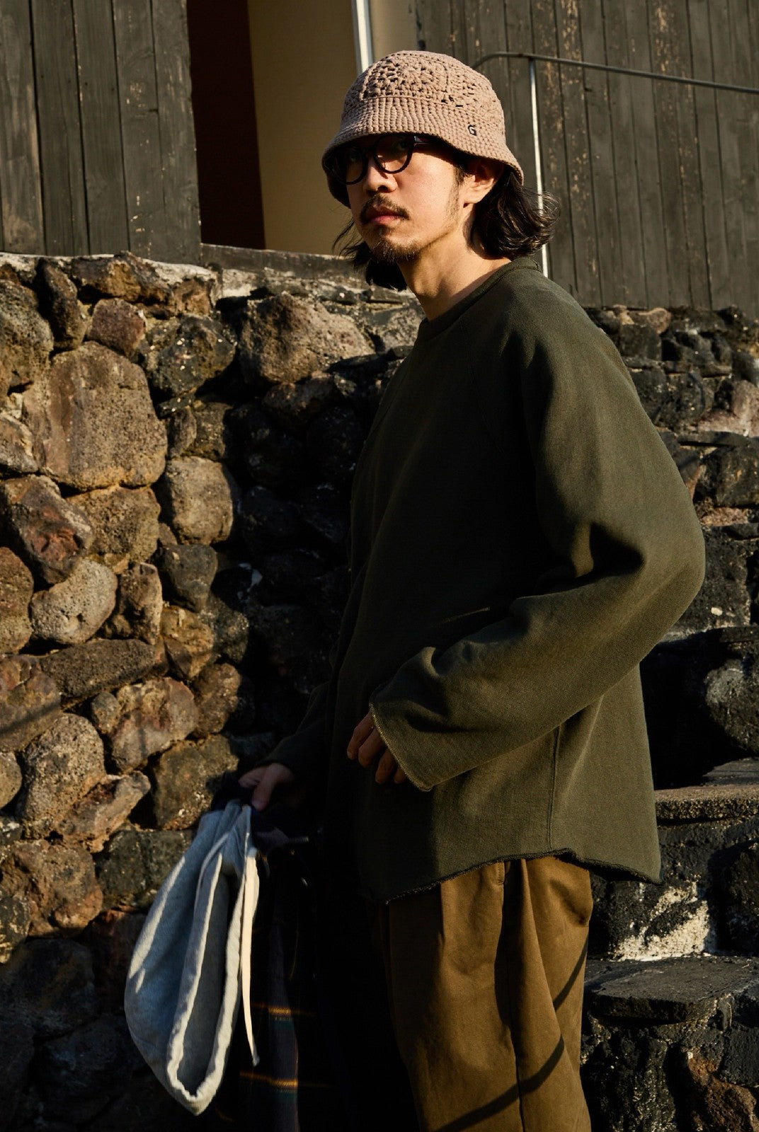 USAGE Slub Cotton Raglan Sweatshirt in Green - On Male Model