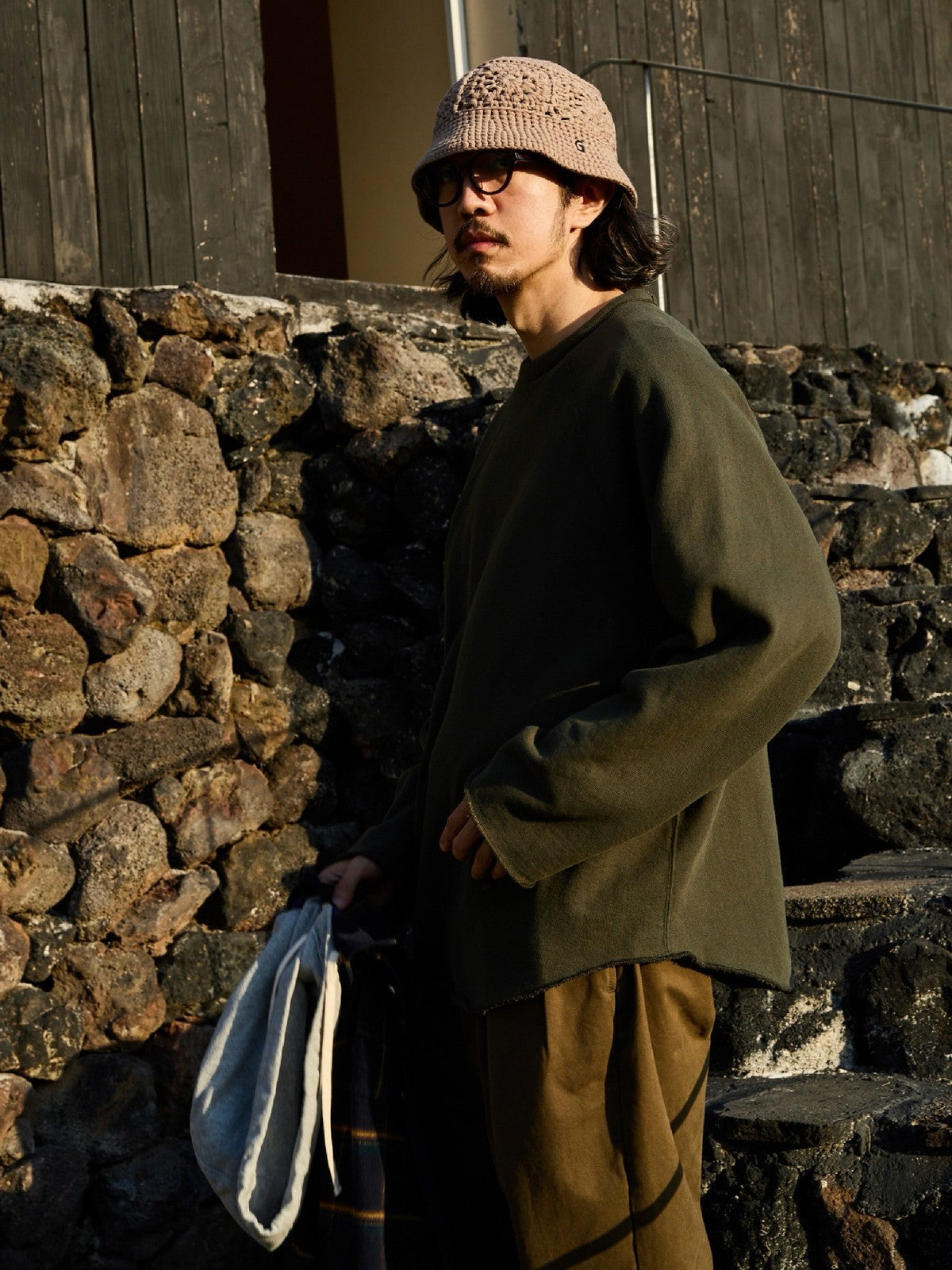 USAGE Slub Cotton Raglan Sweatshirt in Green - On Male Model