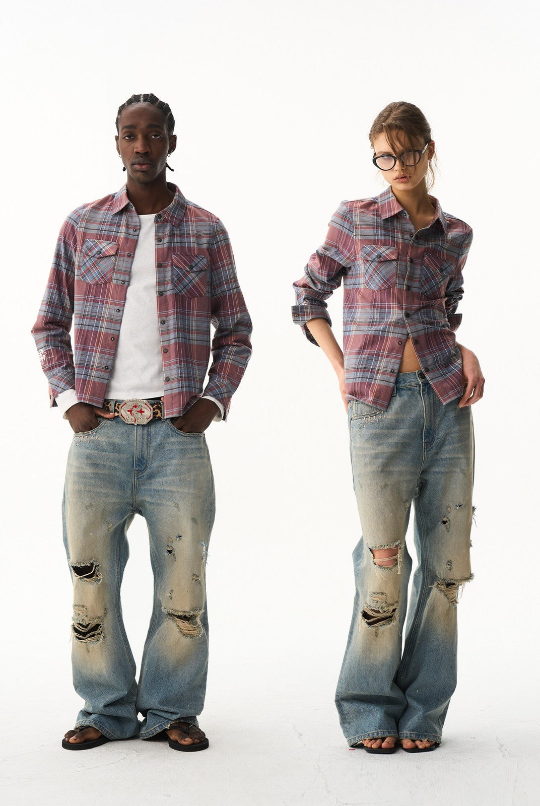 BLINDNOPLAN Cropped Plaid Button Down Shirt in Blue - On Model