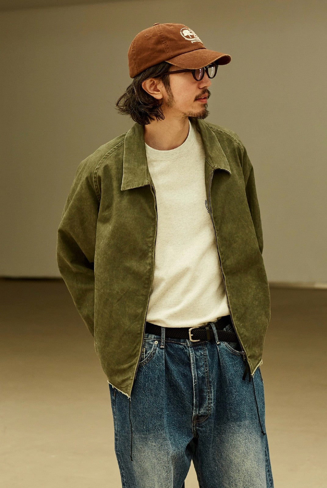 USAGE Vintage Washed Cotton Sports Jacket in Olive - On Male Model