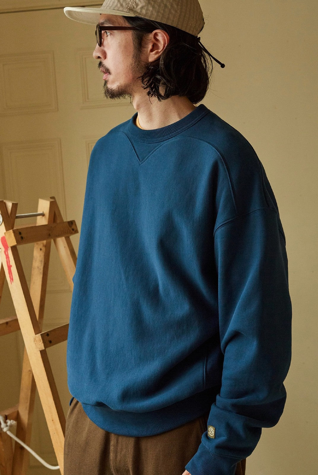 USAGE Reversible Cotton Crewneck Sweatshirt in Blue - On Male Model