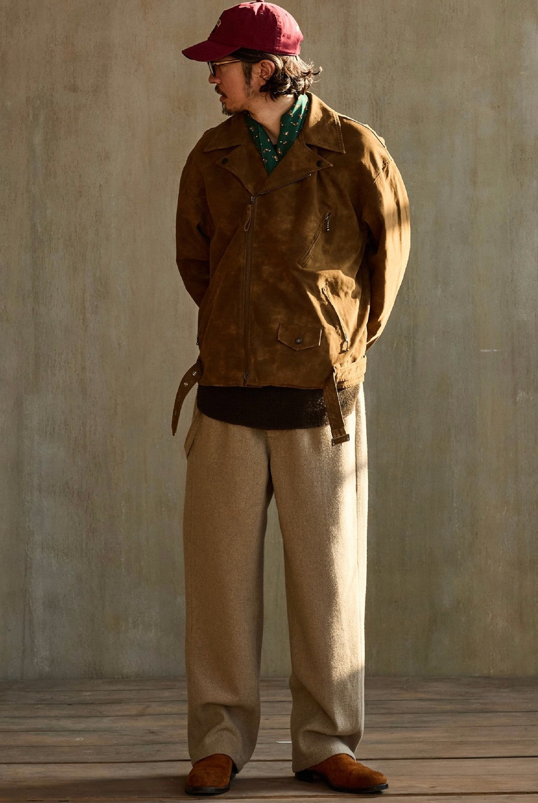 USAGE Distressed Faux Suede Moto Jacket in Brown - On Male Model