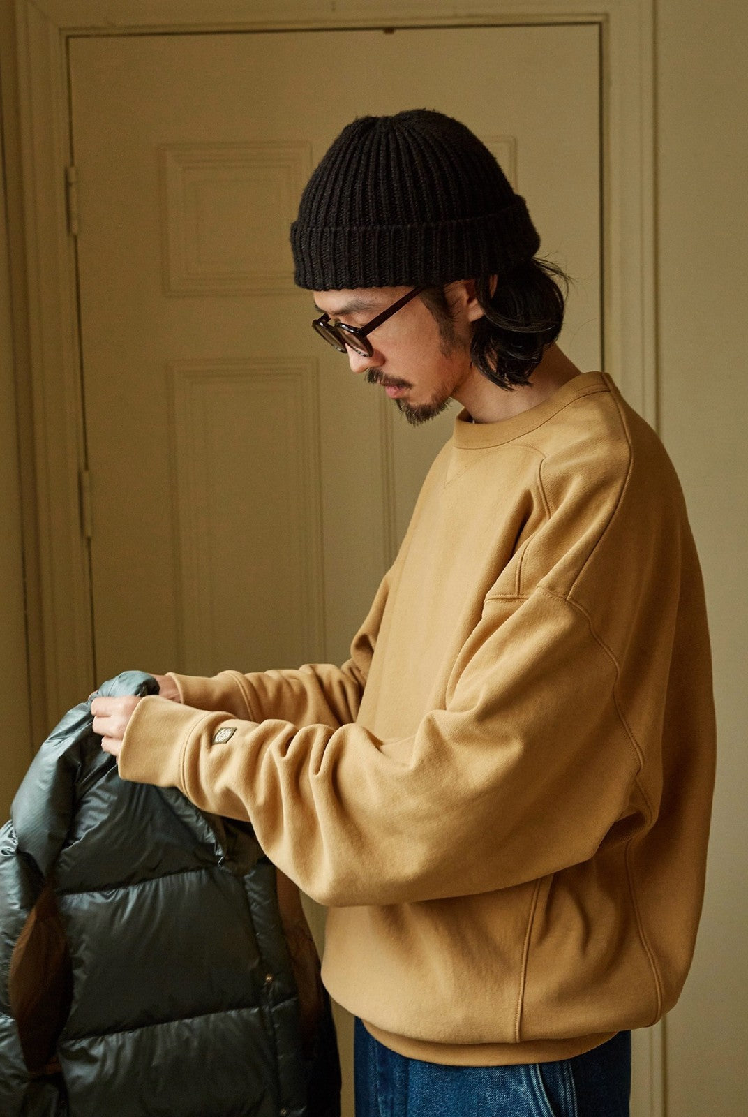 USAGE Reversible Cotton Crewneck Sweatshirt in Beige - On Male Model