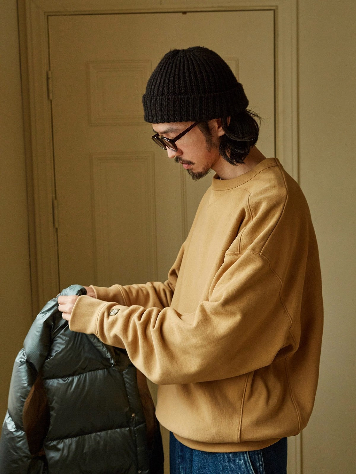 USAGE Reversible Cotton Crewneck Sweatshirt in Beige - On Male Model