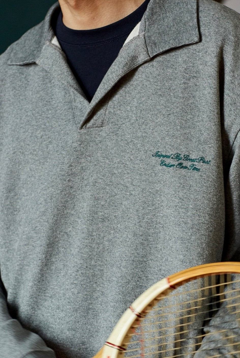 USAGE Oversized Textured Long Sleeve Polo in Gray - On Male Model