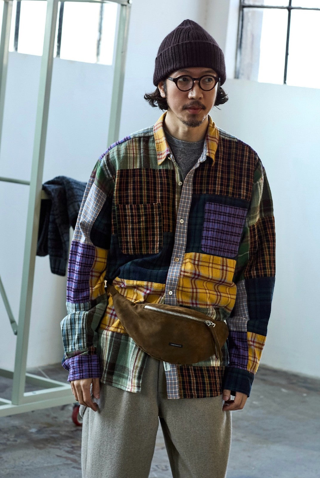 USAGE Cotton Plaid Patchwork Shirt in Patchwork - On Male Model