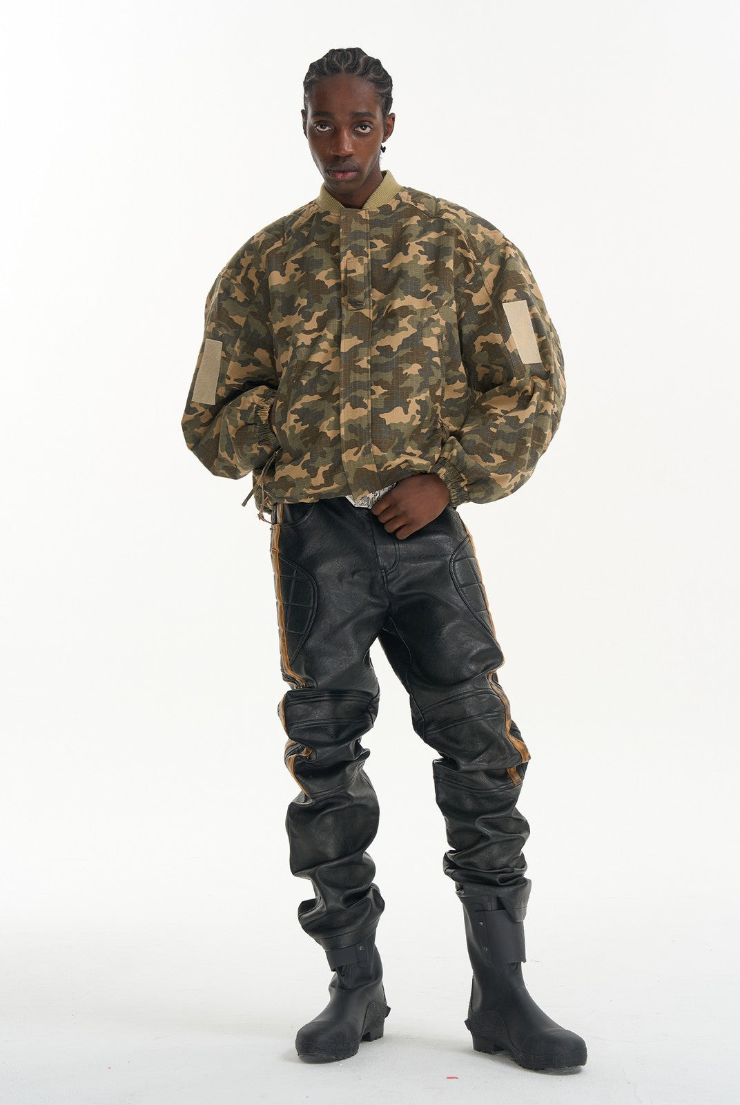 BLINDNOPLAN Heavyweight Cotton Camouflage Bomber in Beige - On Male Model