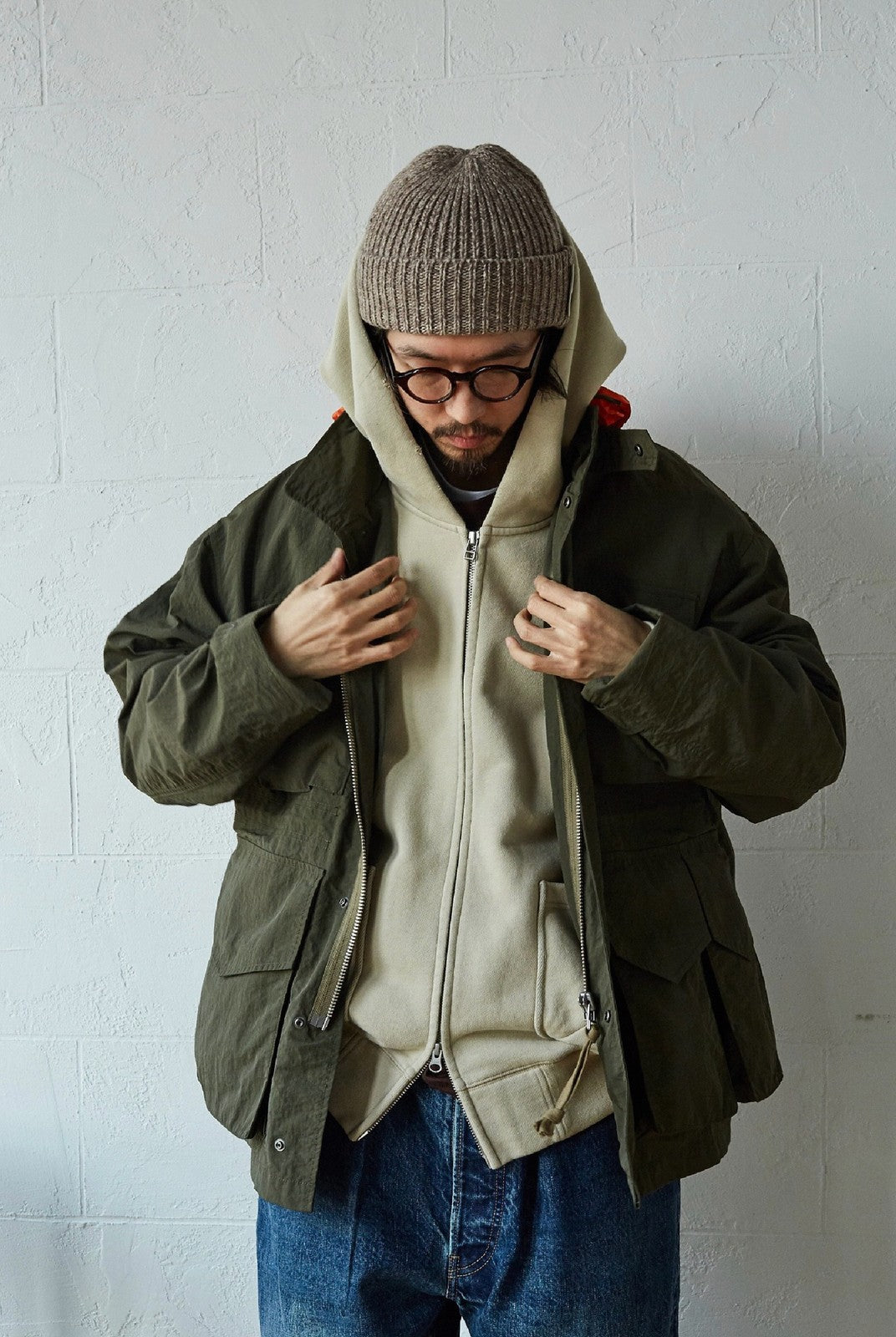 USAGE Hand Distressed Washed Zip Hoodie in Beige - On Male Model