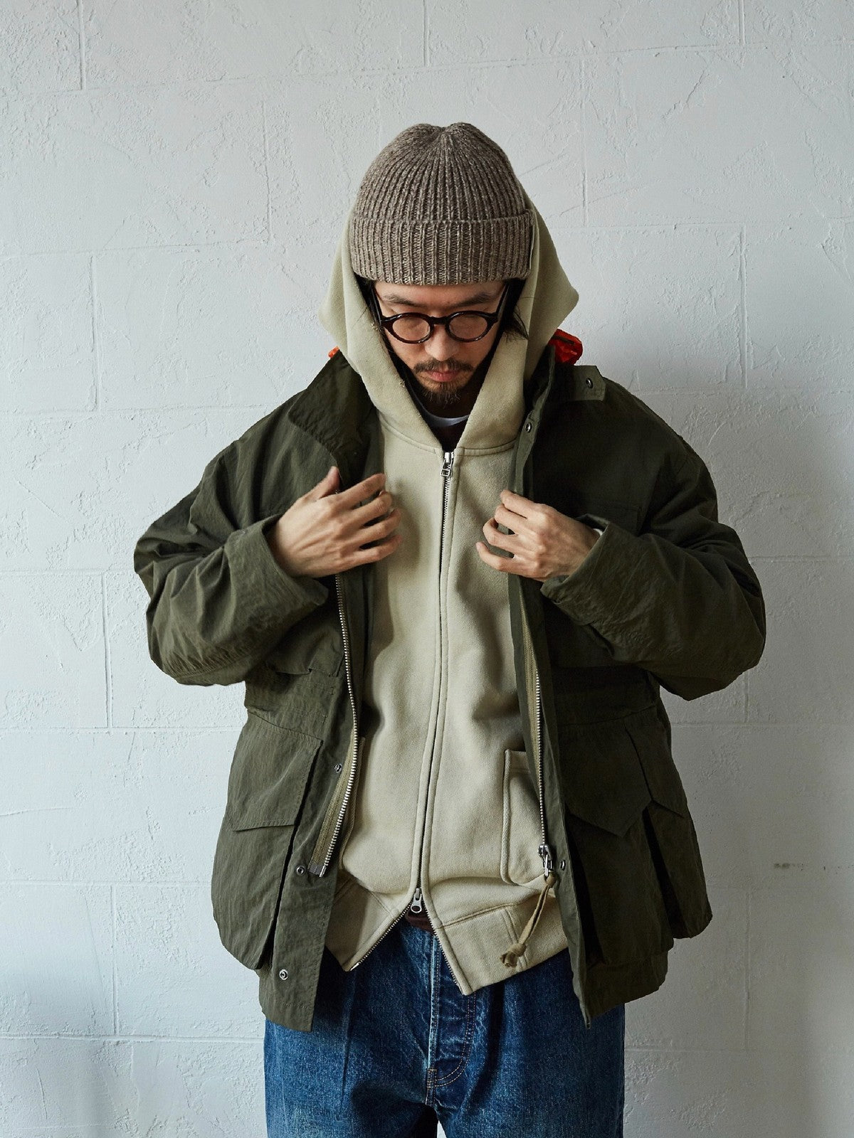 USAGE Hand Distressed Washed Zip Hoodie in Beige - On Male Model