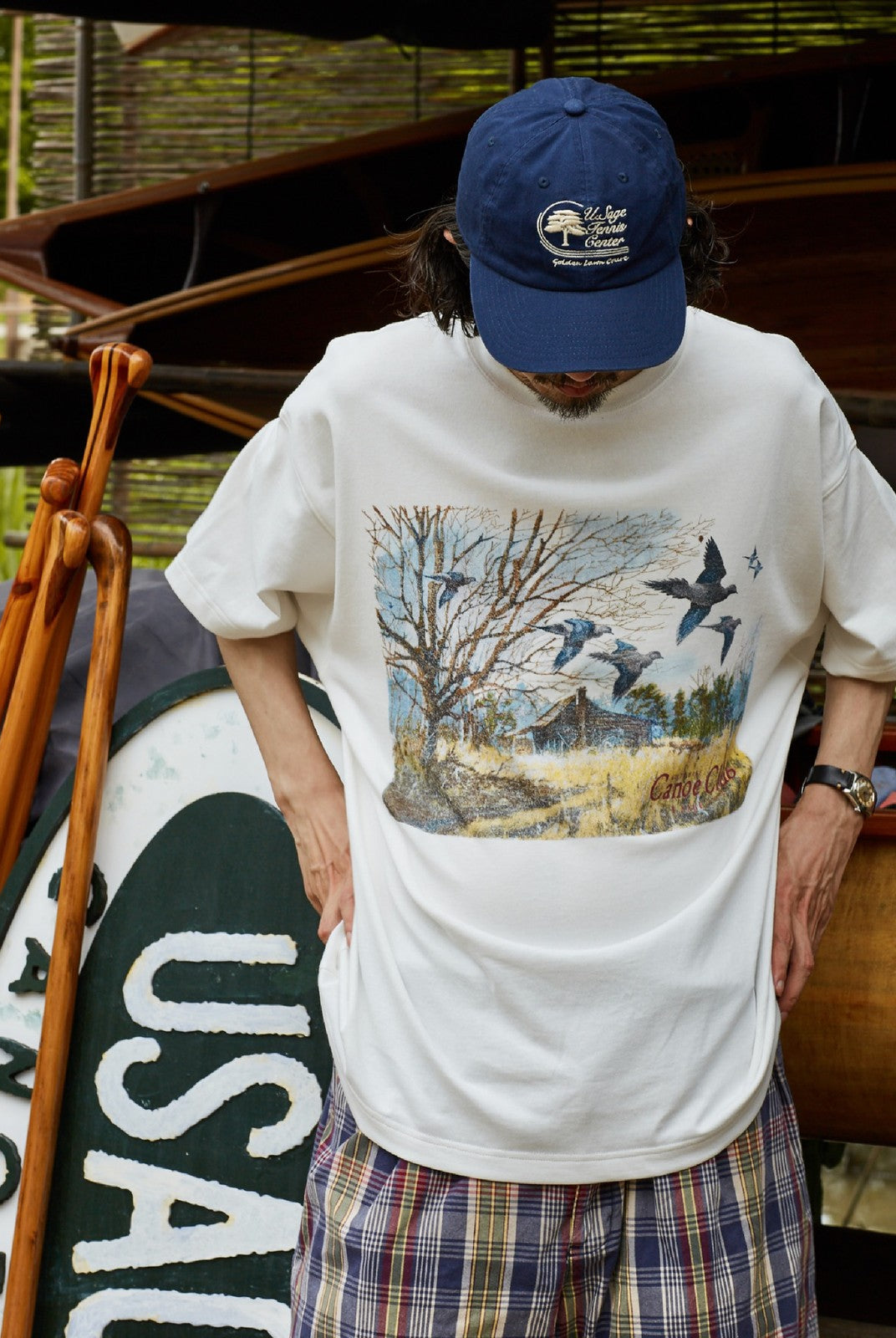USAGE Canoe Club Graphic Cotton T Shirt in White - On Male Model