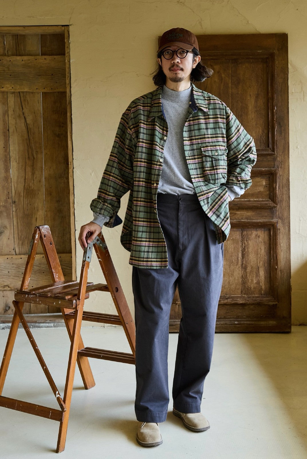 USAGE Detachable Hood Cotton Plaid Shirt in Green - On Male Model